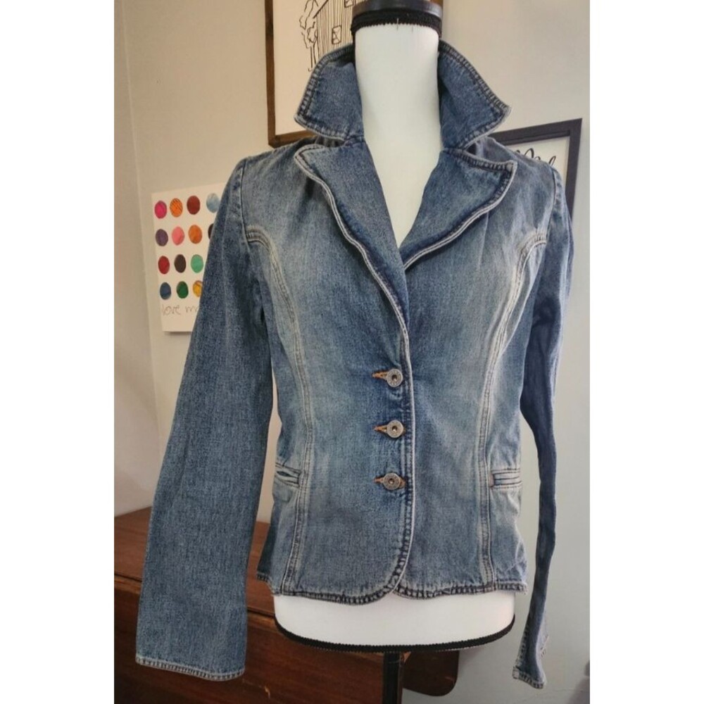 Vtg 90's/Y2K Guess Women's Denim Blazer Jean Jacket 3 Buttons Sz L Denim Jacket